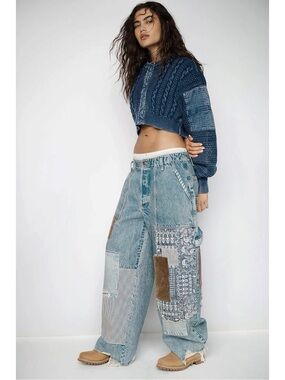 Free People Patchwork Chunky Cable Knit Heritage Cardi Cardigan Sweater Medium